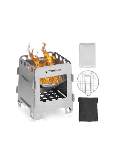 Geeksen Stainless Steel Kamp Fırını Seti: Odun Ve Alkolle Çalışır, Izgara Ağı + Fritöz Tepsisi, Outdoora Uygun Gümüş