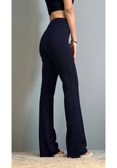 Krep Kumaş Likralı Önü Çimalı Kahverengi Kadın Palazzo Pantolon Lacivert