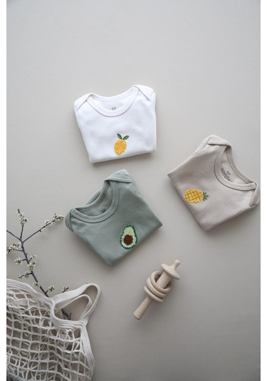 3lü Nakışlı Çıtçıtlı Kısa Kollu Body Zıbın Model 3 Beyaz