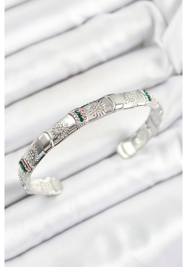 Pirinç Karışık Zirkon Taşlı Çiçek Model Gümüş Renk Altı Açık Kadın Bileklik - Tj-bb7217 Gümüş