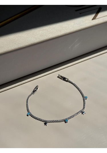 Yıldız Figürlü Mavi Taş Detaylı Gümüş Renk Çelik Bileklik Zarif Kadın Takı Gümüş