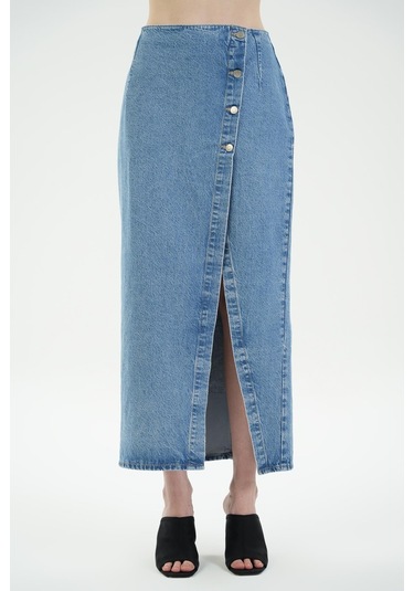 Açık Mavi Yüksek Bel Düğmeli Maxi Jean Etek C 4532-036 Açık Mavi