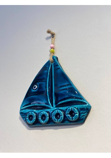 El Yapımı Nazar Boncuğu, Duvar Dekorasyon Ürünü, Seramik, El İşçiliği, Turkuaz Renkte Sandal Desenli -