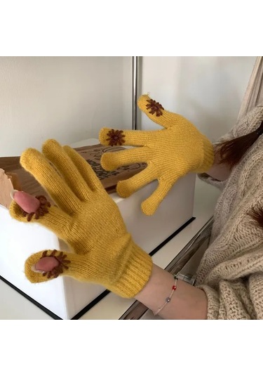 Elmpaly Yeşil Kadın Kışlık Dokunmatik Eldiven - Bisiklet Ve Dış Kullanım İçin, Şık Papatya Desenli