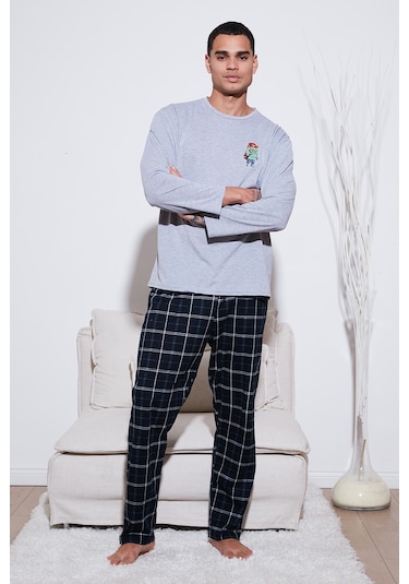 Buratti Ekoseli Regular Fit Yüksek Bel Cepli Bisiklet Yaka Erkek Pijama Takımı 6574002 Gri