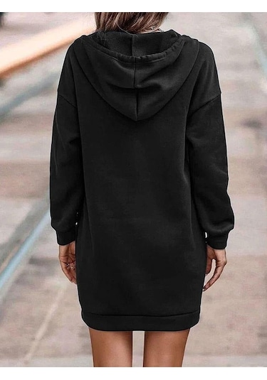 Kadın Uzun Kollu Kapşonlu Bağcıklı Önden Düğmeli Ve Cepli Iki Iplik Şardonlu Elbise Siyah