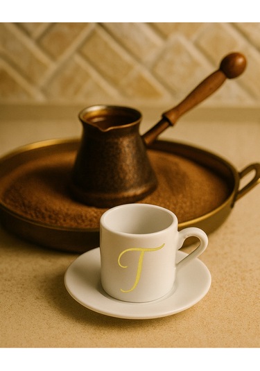 Türk Kahvesi Fincanı Harf, Espresso Fincanı Harf Beyaz - Altın7