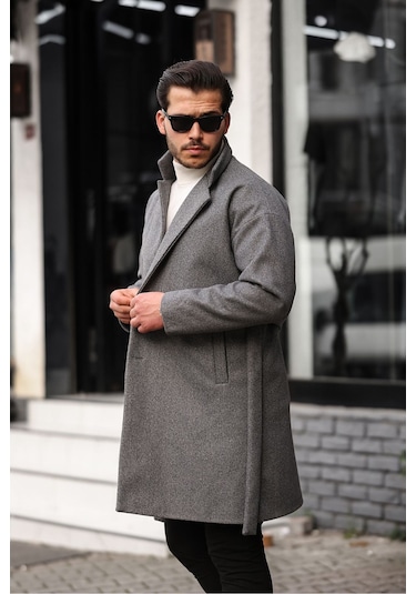 Mero Life Erkek Gri Kemerli Oversize Rahat Kesim Kaşe Kaban Gri