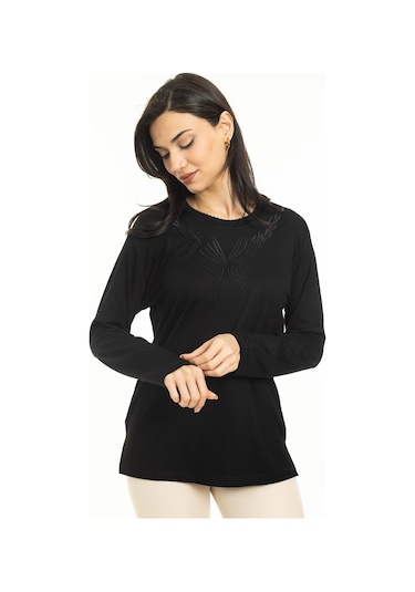 Yeni Sezon Kadın Orta Yaş ve Üzeri Yeni Desen Triko Yaka Likralı Anne Penye Bluz 30520-siyah