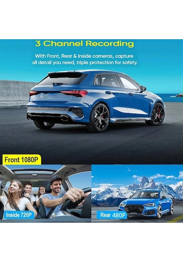 Wifi 1080p Araç Kamerası, Sürüş Kaydedici, 2 İnç Ips Ekran, Üçlü Lens, Araç Kamerası, G-sensörü, Hareket Algılama, Araba Aksesuarları