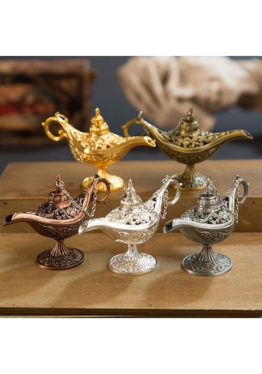 Geeroyoo Alaaddin'in Sihirli Lambası Metal Esanslı Tütsü Aromaterapi Ev Dekor Hediyelik Eşya, Gümüş Renk