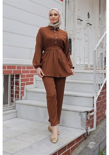 Taş Düğme Detaylı Takım Kahverengi Kahverengi