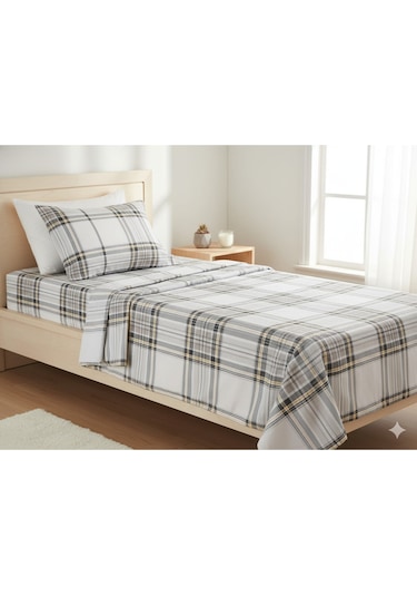 Makiteks %100 Pamuklu Ekose Çizgili 120x200+50x70 Cm Tek Kişilik Lastikli Çarşaf Takımı Çok Renkli