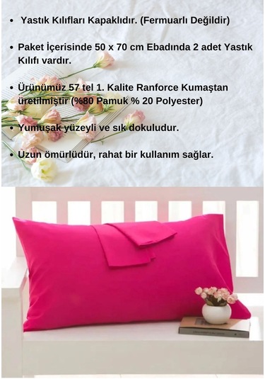 Fuşya Renkli Pamuklu Ranforce Kumaştan Yastık Kılıfı 2 Adet