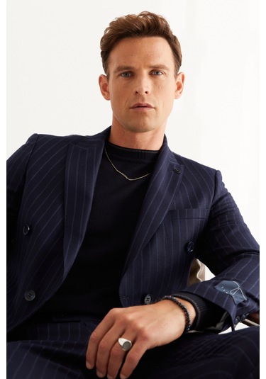 Ac&Co / Altınyıldız Classics Erkek Lacı Slim Fit Dar Kesim Kırlangıç Yaka %100 Yün Çizgili Takım Elbise Lacı Lacivert