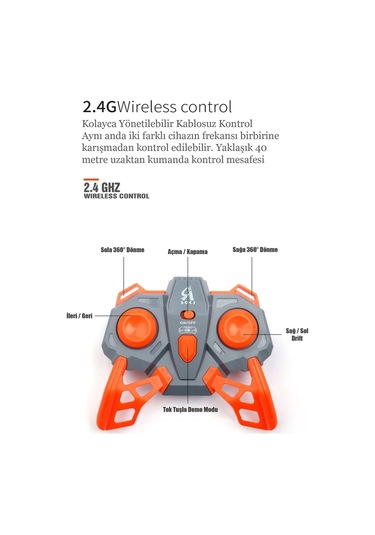Uzaktan Kumandalı Işıklı Çok Yönlü Drift Tekerlekli Dublör Akrobat Araba Stunt Drift Car - Turuncu Turuncu