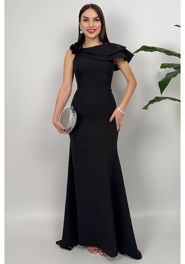 Delvira Drapeli Tek Omuz Çiçek Detaylı Uzun Siyah Abiye Elbise Siyah