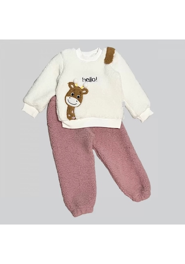 1-2-3 Yaş Hello Zürafa Nakışlı Kuzu Kumaş Sweat Pantolon Uzun Kollu Kız Erkek 2 Li Takımı Gül Kurusu