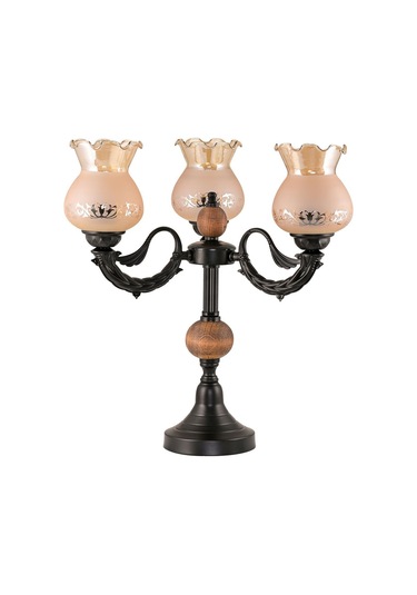 Üçlü Şamdan Masa Lambası Abajur Siyah Bal Rengi Camlı Siyah