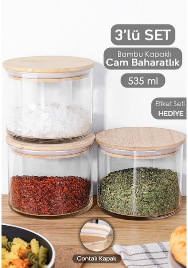 3'lü Etiketli Bambu Kapaklı Cam Baharatlık Seti - Baharat Saklama Kabı Vakum Kapaklı Kavanoz 535 Ml ŞEffaf