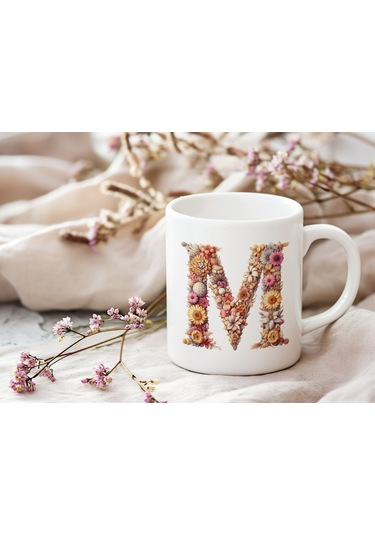 M Harfi Çiçek Desenli Kupa Bardak - Alfabe Harfleri İle Doğal Çiçekli Kupa - Hediye Fikir Beyaz