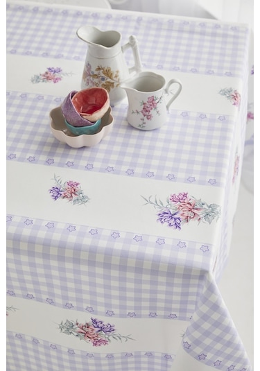 Ays Home Lila Çiçekli Pötikareli Yemek Masası Örtüsü