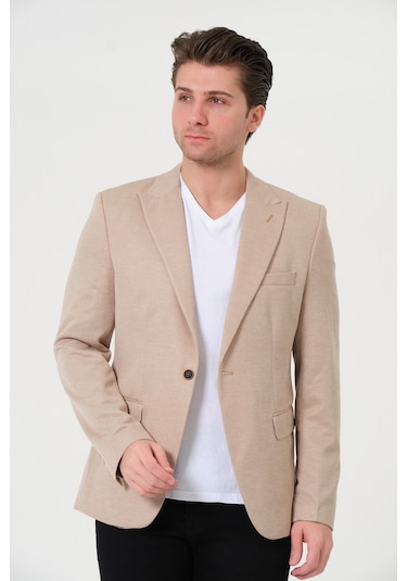 Bonesti Erkek Slim Fit Blazer Ceket Krem Kırçıllı
