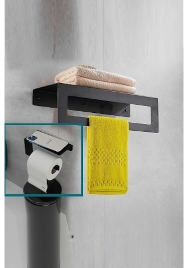 Dione Store Metal Banyo Havlu ve Tuvalet Kağıdı Askılığı 2'li Set Siyah