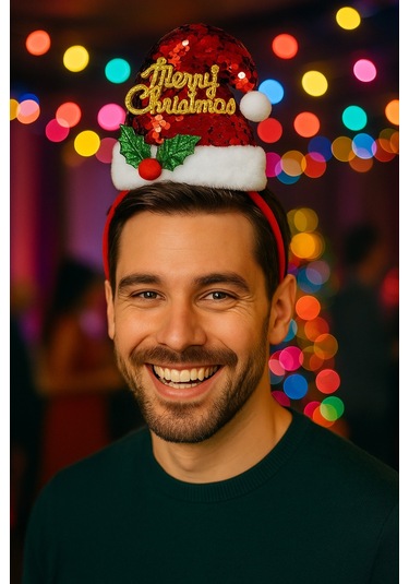 Yılbaşı Yeni Yıl Partisi Işıltılı Pul Şapkalı Kırmızı Noel Taç Merry Christmas Parti Aksesuarı