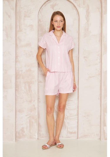 Kadın Özel Kumaş Ceket Yaka Beli Lastikli Kısa Kol Gömlek Cepli Şort Takım 3625290 Pembe