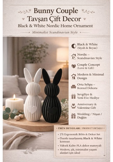 Bunny Couple Decor / Tavşan Çift Figür /black & White Nordic Home Ornament / Modern Dekor Hediyelik