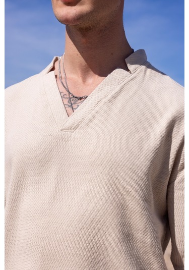 Bej Renk V Yaka Gömlek Şort Erkek Yıkamalı Keten Takım-1737 Bej