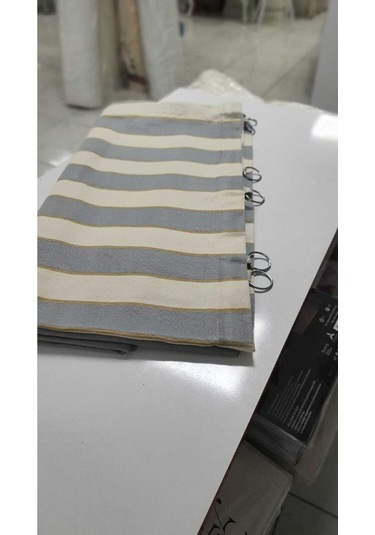 Devrim Olivya Tekstil Demir Halkalı Balkon Perdesi - 1. Sınıf Gabardin Kumaş, Gri-krem, Alt Ve Yan Bağcıklı Gri Krem