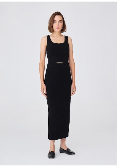 Peraluna Örgülü Kaşmir Karışımlı Kalem Kadın Triko Etek Siyah