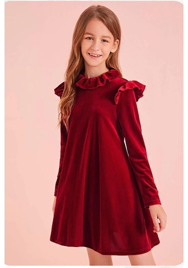 Fırfır Detaylı Kadife Elbise Bej - Krem