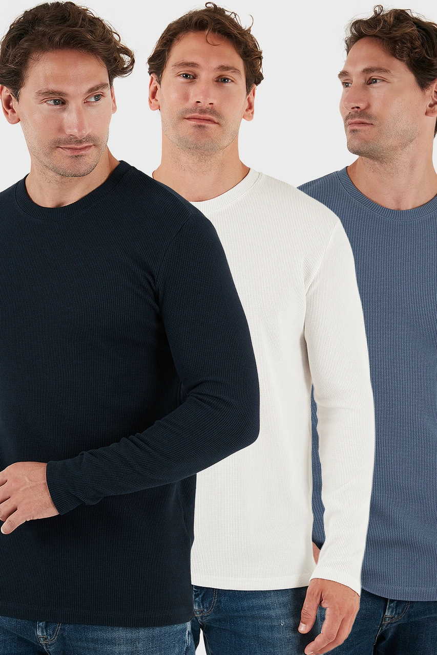 Buratti Pamuklu Bisklet Yaka Slim Fit Basic 3'Lü Paket Erkek Sweat 5905073S3 Koyu Gri-Ekru-Lacivert