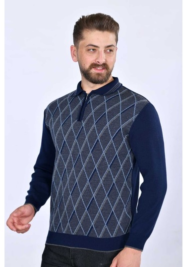Kamalı Erkek Çelik Örgü Baklava Desenli Gömlek Yaka Fermuarlı Polo Yakalı Tüylenmez Triko Kışlık Baba Kazak Lacivert
