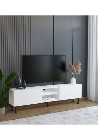 Minimalist 160 Cm Düşme Kapaklı Demir Ayaklı Mdf Beyaz Tv Ünitesi