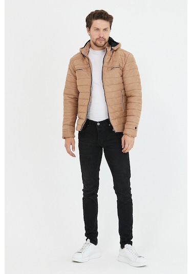 Erkek Vizyon Dar Kesim Kapüşonlu Süet Mont Vizon