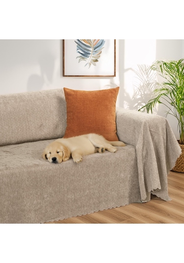 Jakarlı Şönil Koltuk Örtüsü Çekyat Örtüsü Koltuk Şalı 175x350 Kaymaz Bej Bej