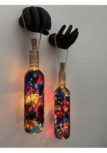 Siyah Renkli Erkek Eli Heykeli Ve Tıpa Peri Led Işıklı Vitray Cam Çok Renkli