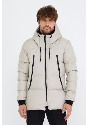 Erkek Taş Dar Kesim Kapüşonlu Dik Yaka Şişme Mont & Kaban-Taş