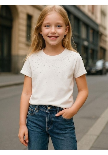 Zekids Kız Çocuk Taş İşlemeli Pamuklu T-shirt-16310 Ekru