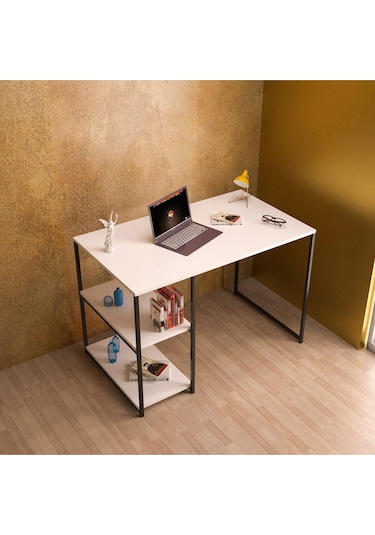 Çalışma Masası Yandan Raflı Beyaz Beyaz