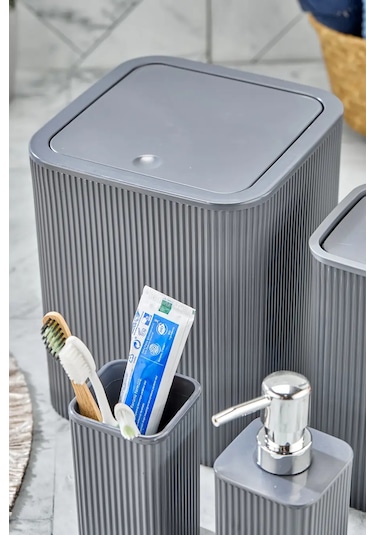 Line 5 Parça Kare Banyo Seti - Çöp Kovası Wc Fırçası Sıvı-katı Sabunluk Diş Fırçası Antrasit