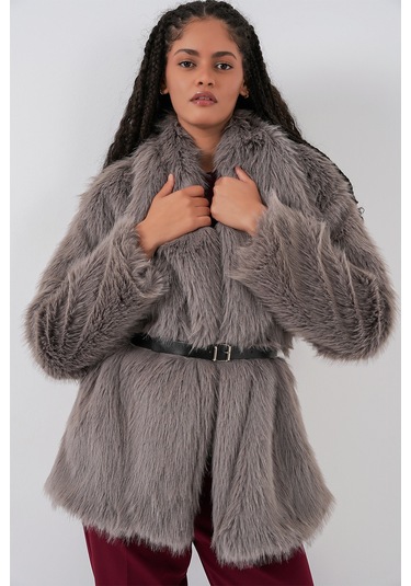 Kadın Kemerli Oversize Kürklü Kaban 9156 - Füme Füme