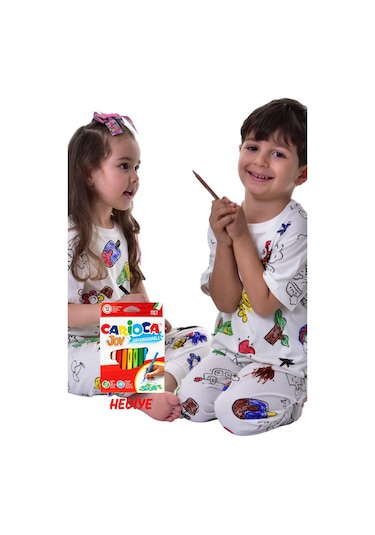 Zuzunga En Sevimli Figürler Özel Kalemi İle Boyanabilir Çocuk Pijama Takımı 12'li Kalem Seti Hediye Beyaz