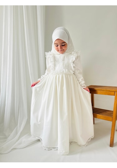 Kız Çocuk Tesettür Elbisesi Merasim Elbisesi,başörtülü Takım 3-12 Yaş Uygun Beyaz