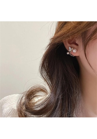 Zarif Ve Şık Kelebek Detaylı İnci Taşlı Altın Kaplama Antialerjik Çelik Küpe Altın