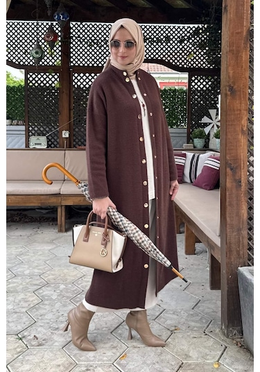 Rabia Şamlı Yakut Angora Triko Kap Kahve Çok Renkli